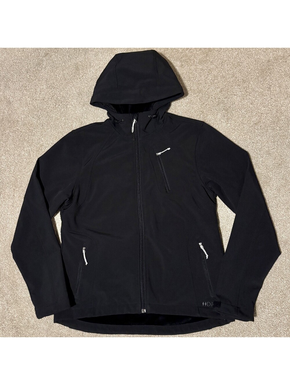 Double Diamond Womens Small Black Softshell Jacket Fleece Lined Hooded Full Zip